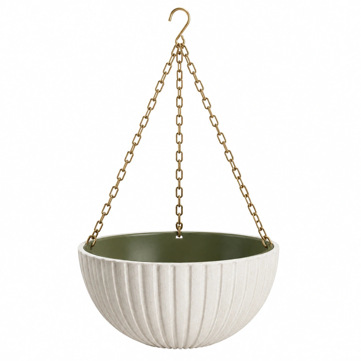 Pot de fleurs suspendu diamètre 25 cm en céramique blanc vert avec chaînes métalliques dorées style texturé pour plantes