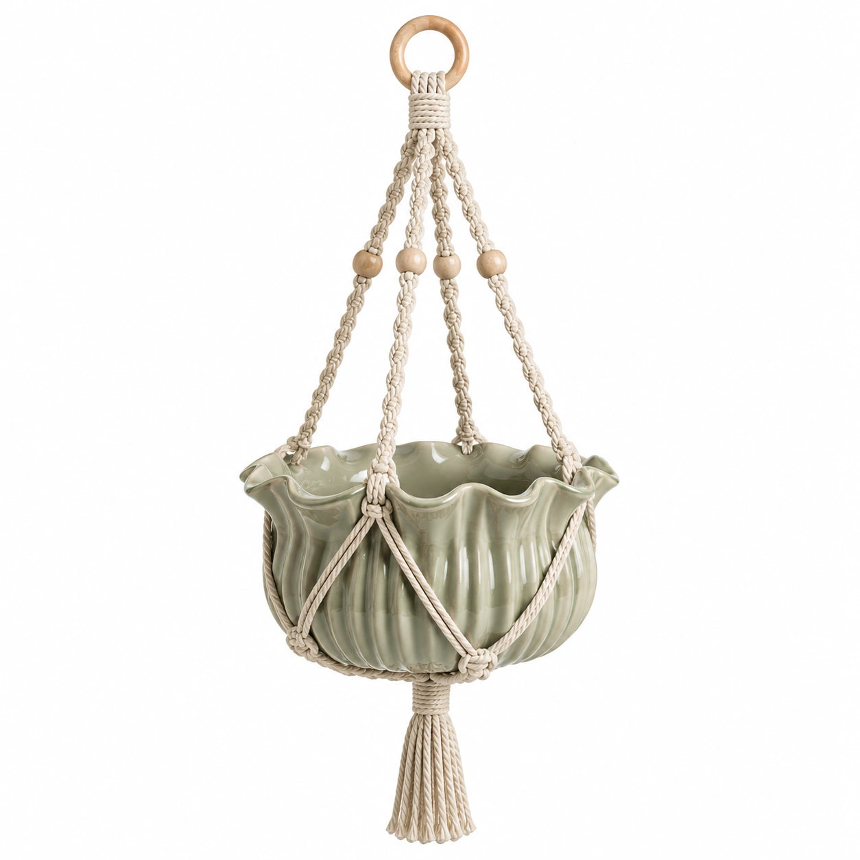 Pot de fleurs suspendu diamètre 20 cm en céramique vert sauge avec corde en coton style bohème