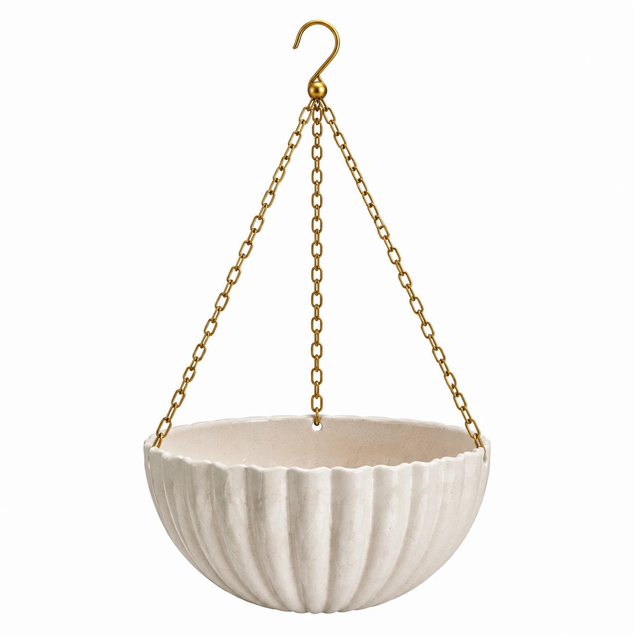 Pot de fleurs suspendu en céramique crème diamètre 24 cm avec chaînes métalliques décoratives