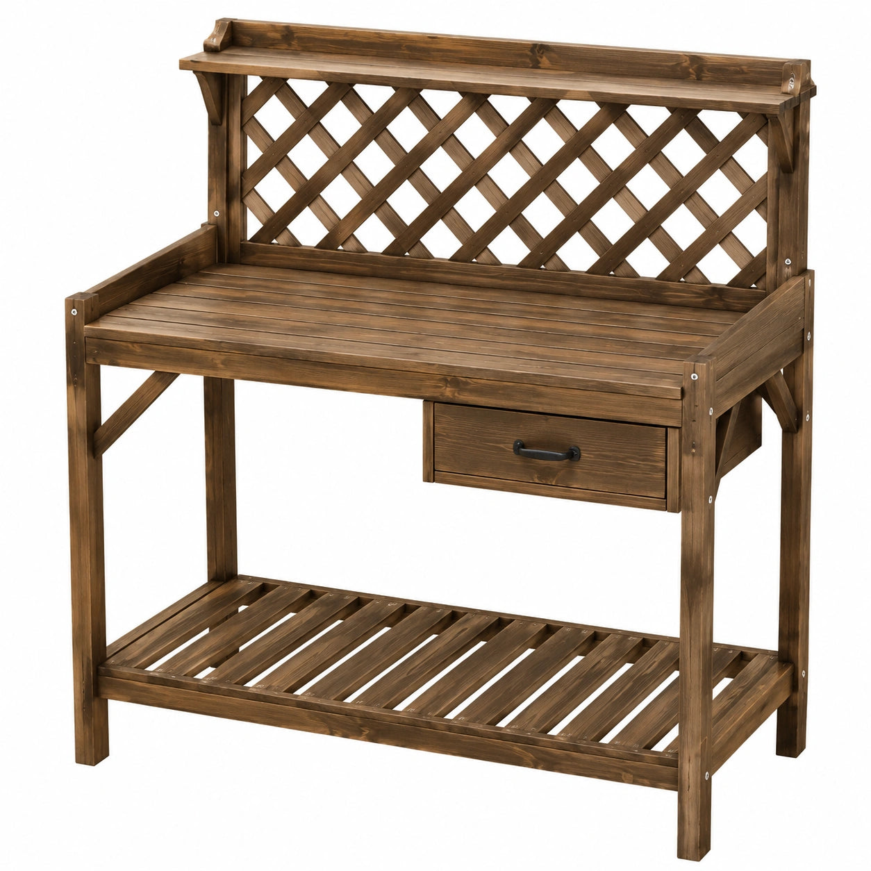 Établi de jardin 110 x 50 x 150 cm en bois brun avec treillis rangement et tiroir