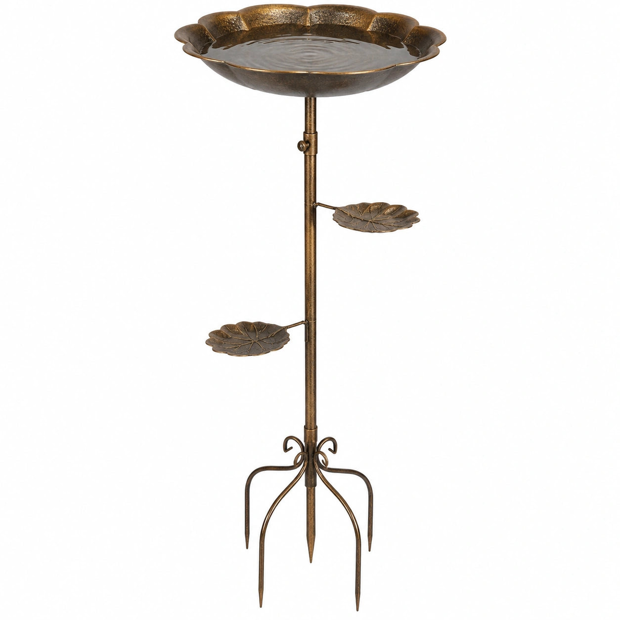 Bain d’oiseaux sur piquet 47 cm métal brun avec coupelles décoratives pour jardin
