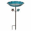 Bain d’oiseaux sur piquet 100 cm en métal et verre bleu décor floral pour jardin
