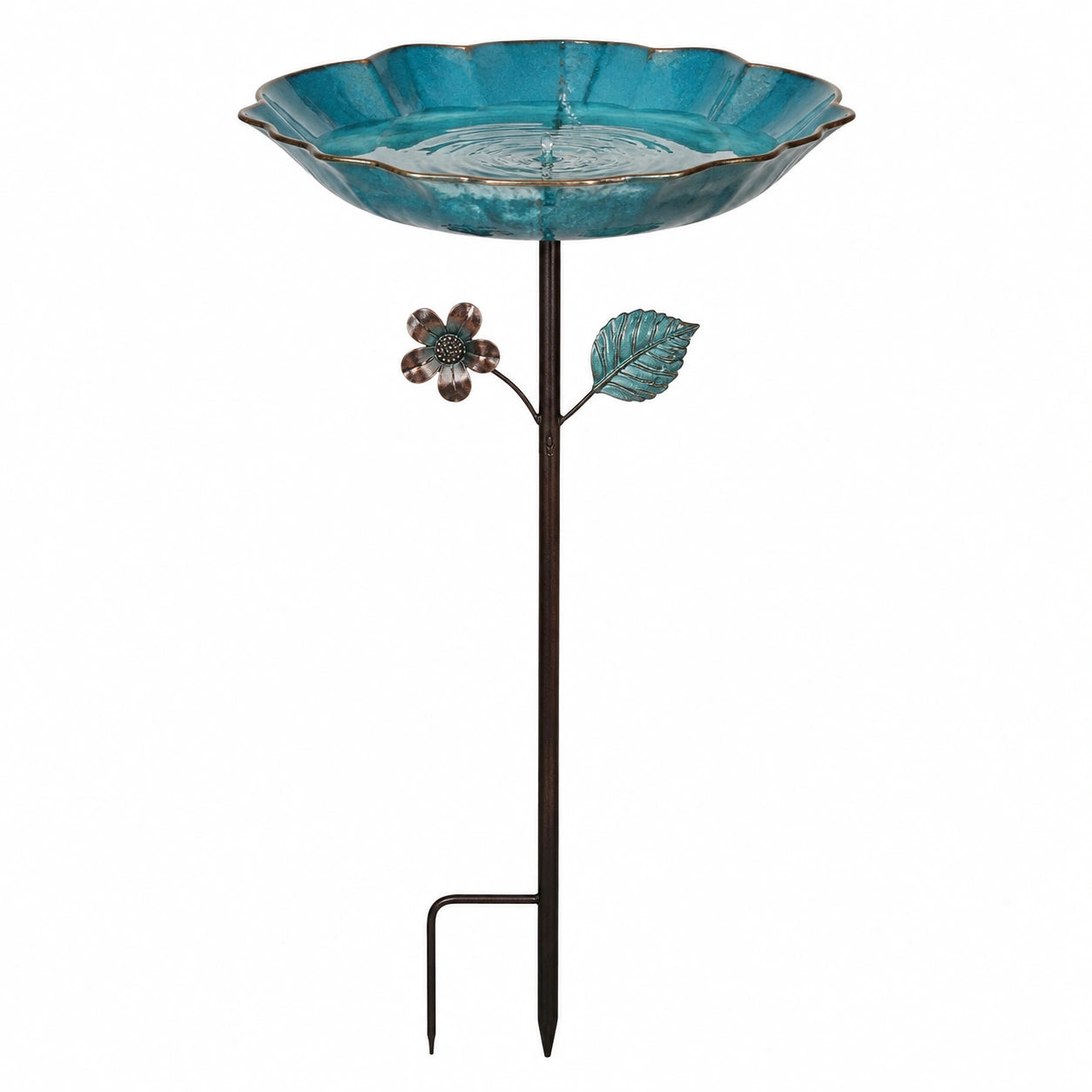 Bain d’oiseaux sur piquet 100 cm en métal et verre bleu décor floral pour jardin