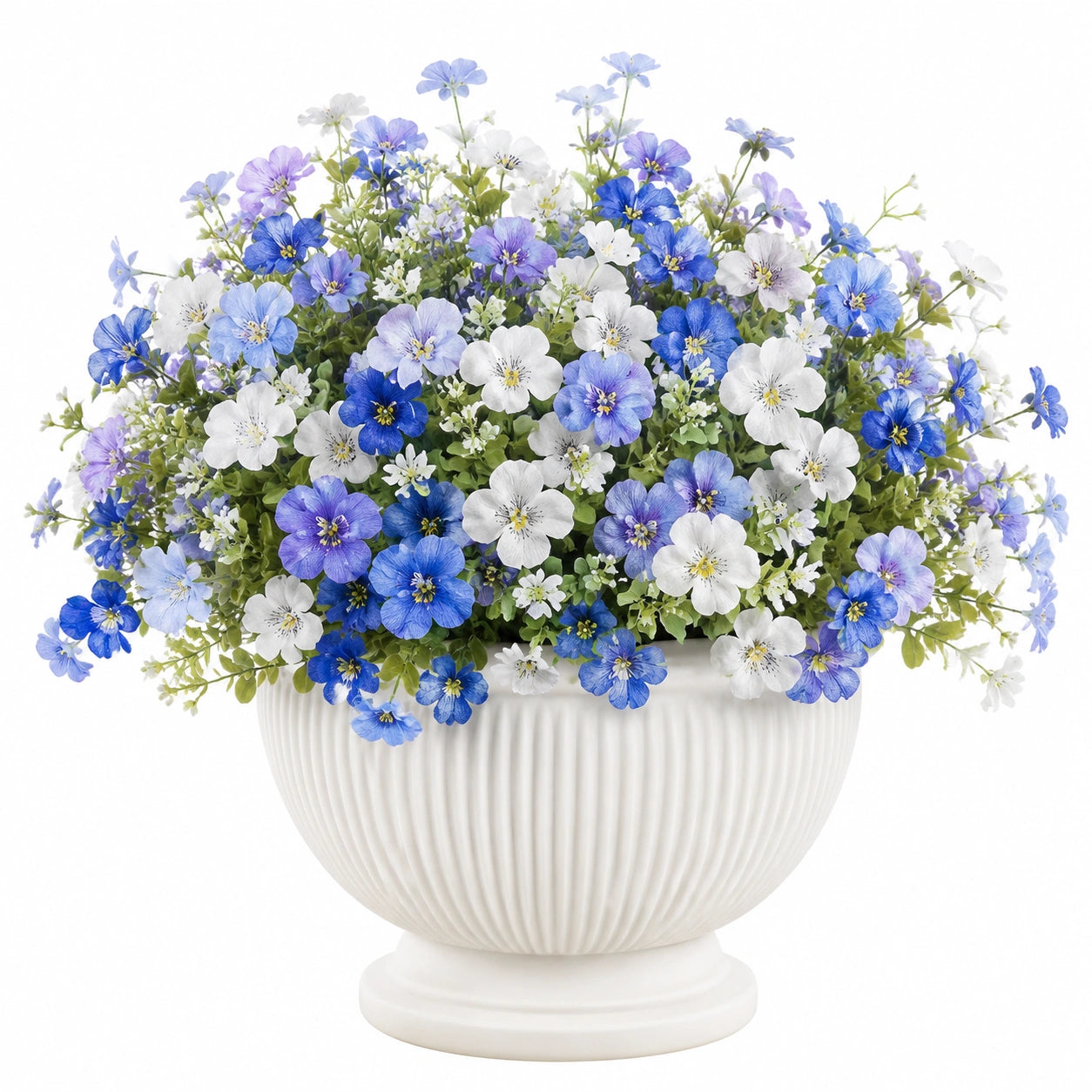 Plante artificielle en pot 45 cm fleurs textiles bleu violet blanc décorative