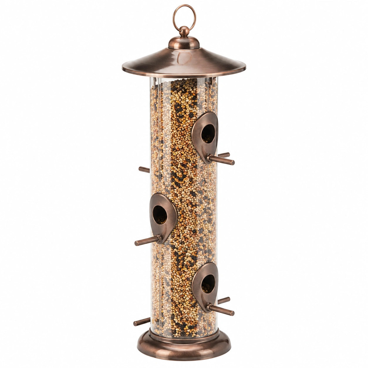 Mangeoire à oiseaux suspendue Ø 16 cm x H 38 cm métal bronze et réservoir transparent