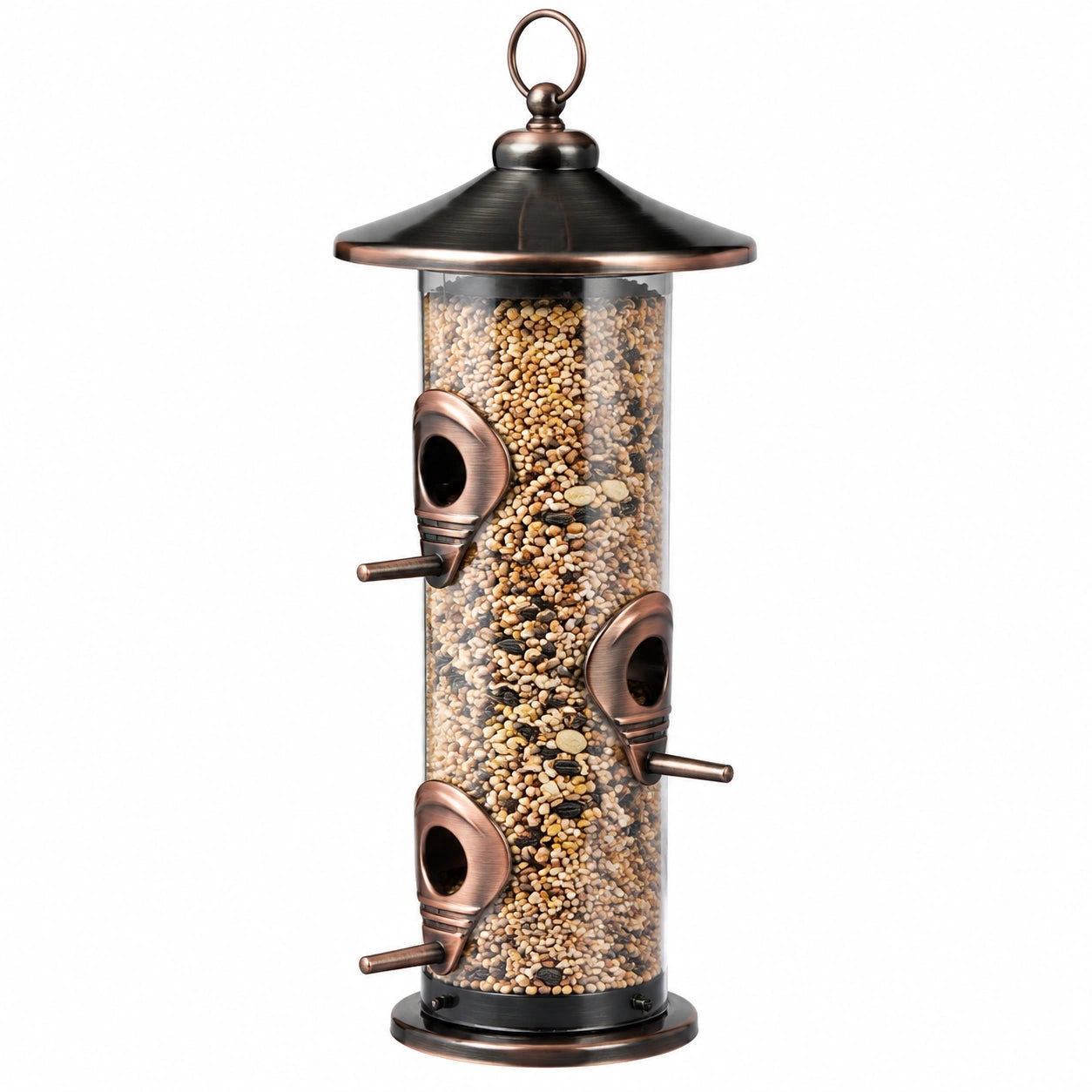 Mangeoire à oiseaux suspendue 18 x 43 cm en métal et plastique transparent bronze à 3 postes de nourrissage