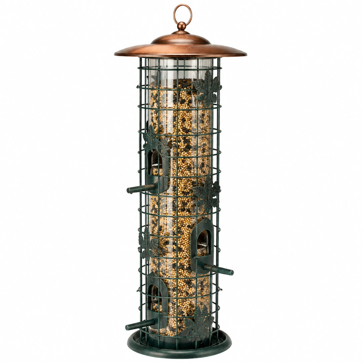 Mangeoire à oiseaux Ø 19 x H 40 cm en métal vert cuivré suspendue avec perchoirs